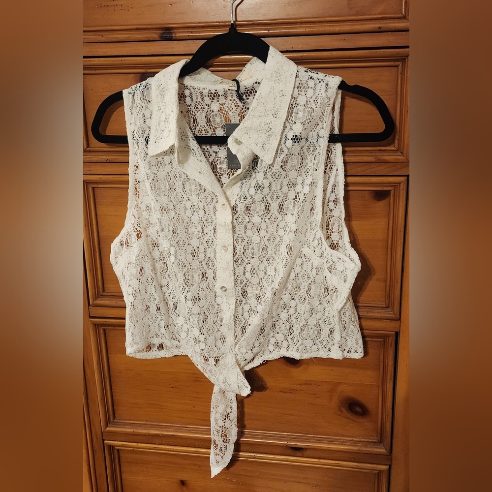 IRIS Off White Sleeveless.   Sheer Lace Blouse with Tie
